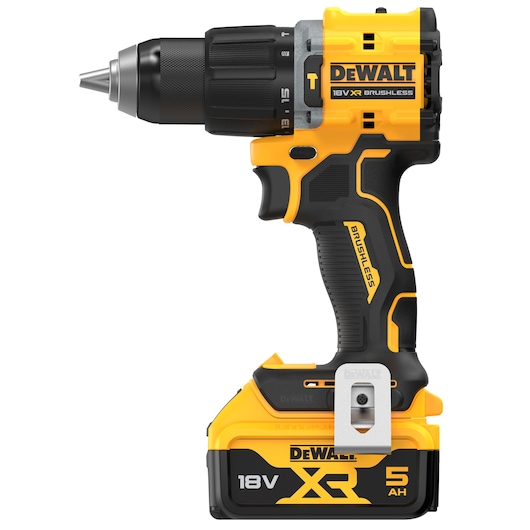 18V XR Brushless Compact Hammer Drill Driver with 18V 5Ah battery side view