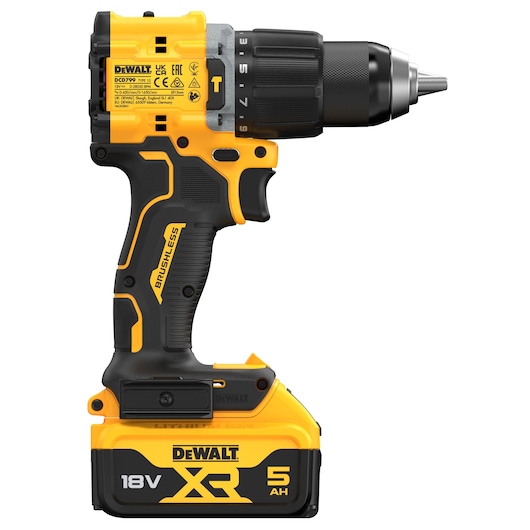 18V XR Brushless Compact Hammer Drill Driver with 18V 5Ah battery right side view