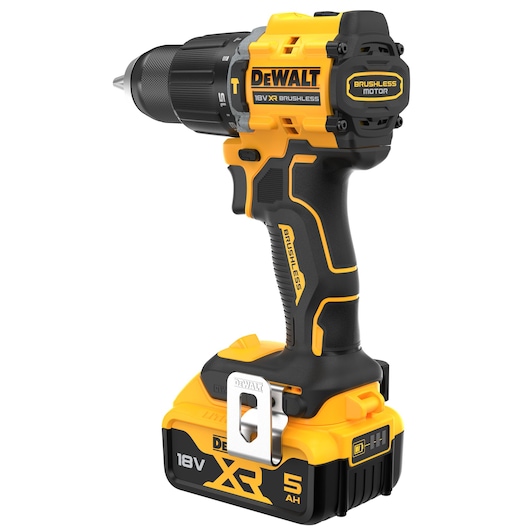 18V XR Brushless Compact Hammer Drill Driver with 18V 5Ah battery 3/4 rear view