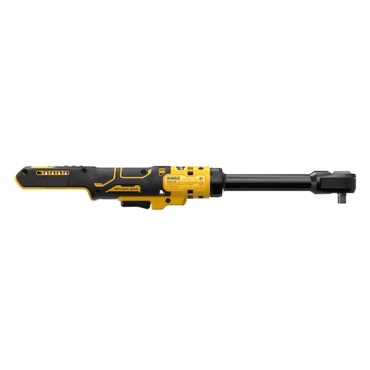 A DEWALT cordless brushless ratchet tool in black and yellow, shown from the side against a white background.