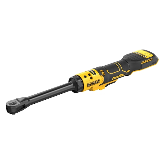 A DEWALT cordless ratchet tool with a long black and yellow handle, shown on a white background.