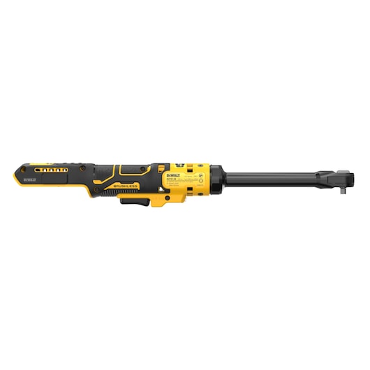 A DEWALT cordless brushless ratchet tool with a long handle and a yellow and black design, model DCF514EN, shown on a white background.
