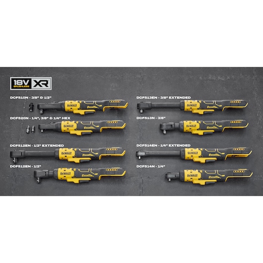 A lineup of eight DEWALT cordless ratchets and tools displayed on a gray surface, showing various models including DCF510N, DCF520N, DCF512EN, DCF513EN, and DCF514EN with different drive sizes and extended versions. All products are black and yellow, marked with 18V XR Brushless branding in the top left corner.