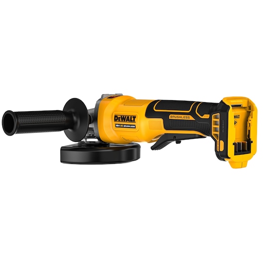 DEWALT 18V XR Brushless Angle Grinder 3/4 view showing handle and bottom of battery