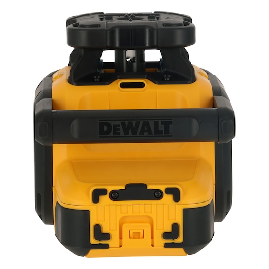 Front view of a DEWALT DCLE05211R photography tool in yellow and black, featuring a rugged handle and protective casing.