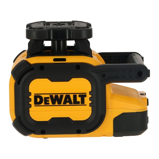 Front view of a DEWALT DCLE05211R photography tool, featuring a yellow and black rugged design with the DEWALT logo prominently displayed on its side.