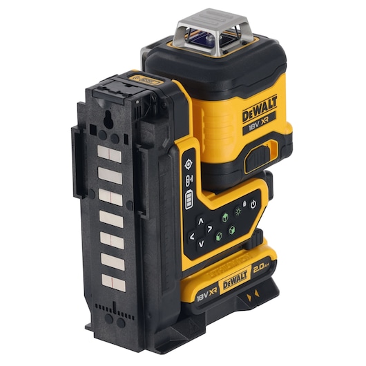 The Remote Control XR x 360 Line Laser on multi-surface mounting plate ¾ rear view