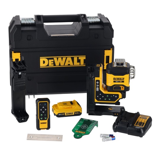 The Remote Control XR x 360 Line Laser Kit with TSTAK case, multi-surface mounting plate, remote control, drop ceiling attachment, target card, battery pack, charger and 2x AA batteries