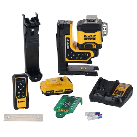 The Remote Control XR x 360 Line Laser with multi-surface mounting plate, remote control, drop ceiling attachment, target card, battery pack, charger and 2x AA batteries