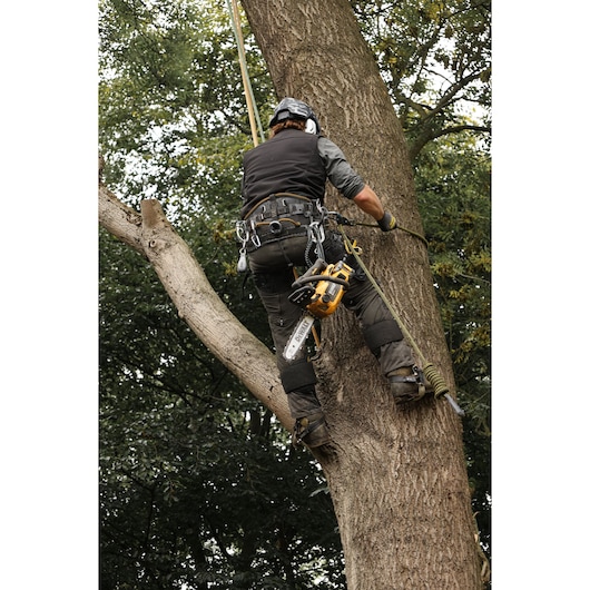 A person wearing climbing gear and safety helmet is climbing a tree, carrying a DEWALT chainsaw. The scene is outdoors surrounded by foliage.