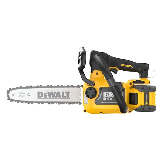 A yellow and black DEWALT 54V cordless chainsaw with a 12-inch (30 cm) blade, designed for cutting wood. The chainsaw features a brushless motor and an ergonomic handle.