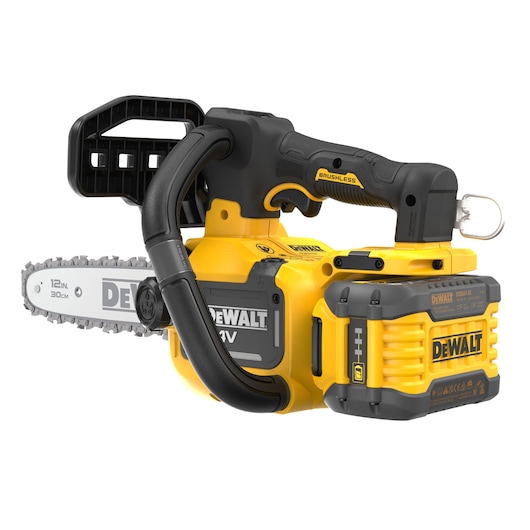 A DEWALT 12-inch cordless chainsaw with brushless motor and 18V battery, featuring a yellow and black handle, safety guard, and bar. The product is shown from the side with clear branding and specifications.