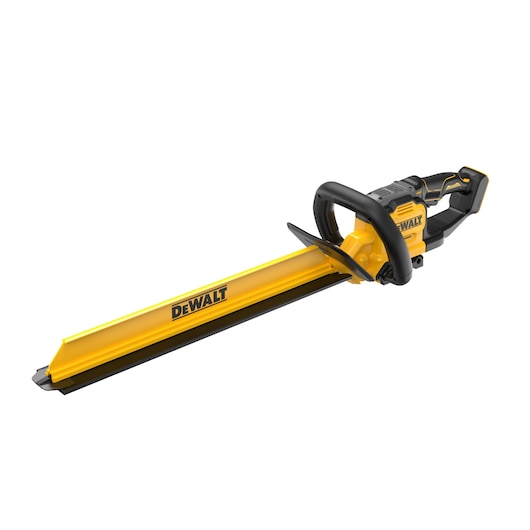 A yellow and black DEWALT cordless hedge trimmer with a long blade and ergonomic handle, shown isolated on a white background.