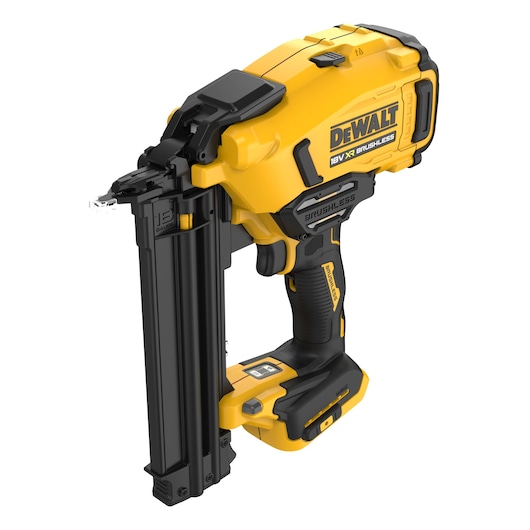 DEWALT 18V XR brushless nailer with yellow and black design, ergonomic handle, and magazine for 18 gauge nails.