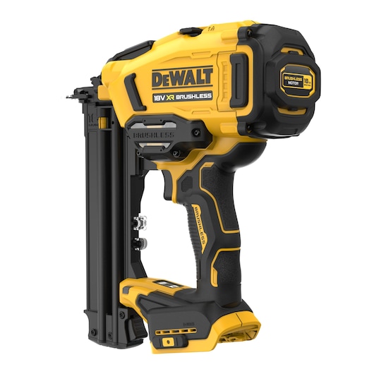 DEWALT 18V XR brushless nail gun in yellow and black, angled view, showing handle and nail chamber.