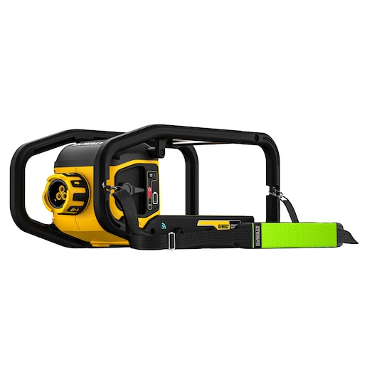 Angled view of Powershift Powerpack Concrete Vibrator with green shoulder strap