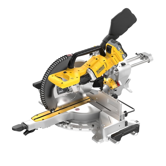 DEWALT 18V XR 305mm Slide Mitre Saw with 18v 8Ah battery ¾ view from above