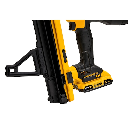 18V XR Trak-It C6 Gas Concrete Nailer close up of utility hook and magazine support leg