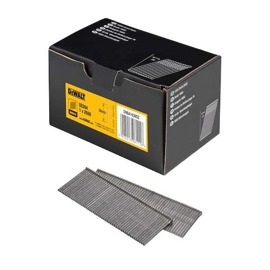 3/4 view box of 38mm 16GA 20° stainless steel finish nails with x2 strips of nails in foreground