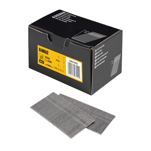 3/4 view box of 44mm 16GA 20° stainless steel finish nails with x2 strips of nails in foreground