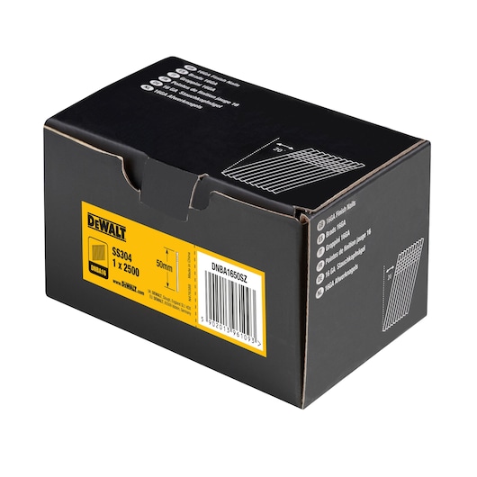 3/4 view box of 50mm 16GA 20° stainless steel finish nails