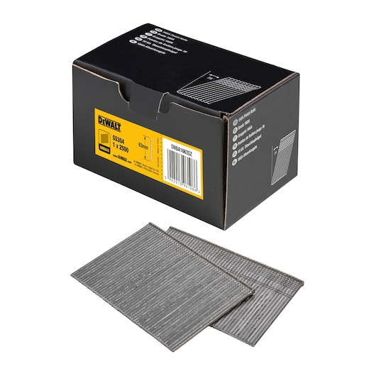 3/4 view box of 63mm 16GA 20° stainless steel finish nails with x2 strips of nails in foreground
