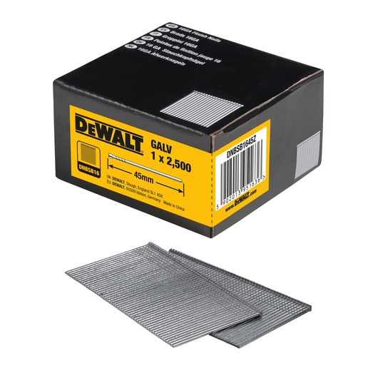 3/4 view box of 45mm 16GA straight galvanised finish nails with x2 strips of nails in foreground