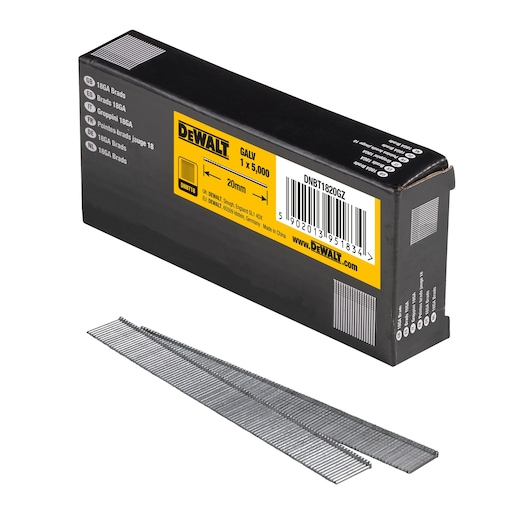 3/4 view box of 20mm 18GA galvanised brad nails with x2 strips of nails in foreground