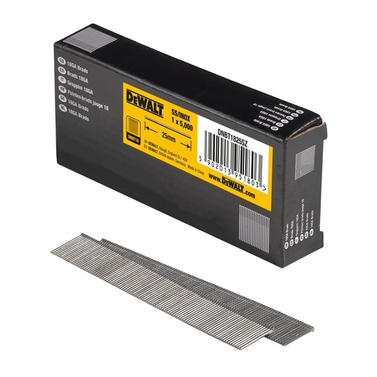 /4 view box of 25mm 18GA stainless steel brad nails with x2 strips of nails in foreground