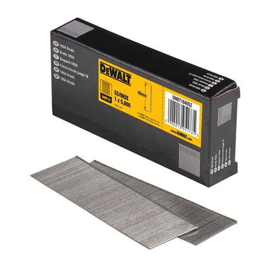 3/4 view box of 40mm 18GA galvanised brad nails with x2 strips of nails in foreground