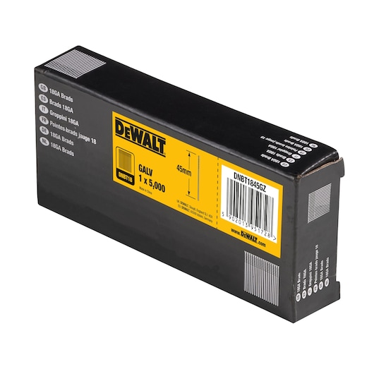 3/4 view box of 45mm 18GA galvanised brad nails