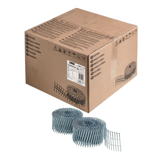 3/4 view box of 50mm galvanised coil nails with x2 coils in foreground