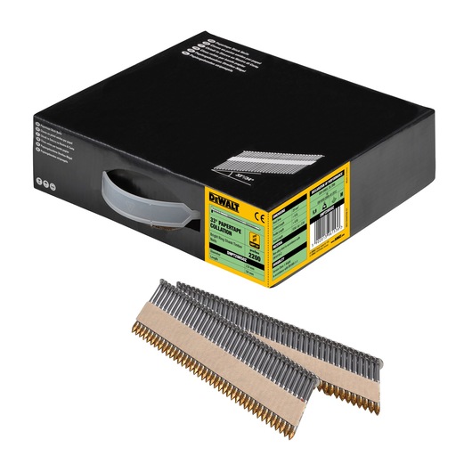 3/4 view box of 50mm papertape bright ring shank framing nails with x2 strips of nails in foreground