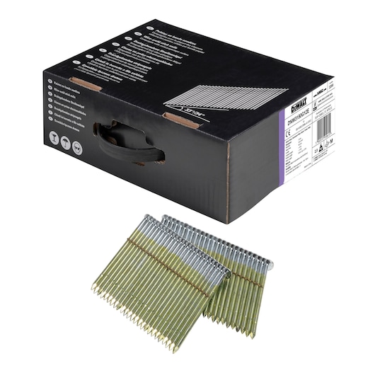 3/4 view box of 90mm wireweld galvanized plain shank framing nails with x2 strips of nails in foreground
