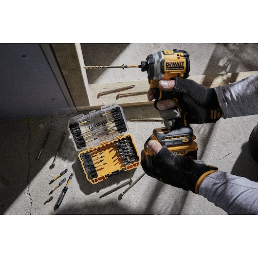 Open Flextorq set on a concrete floor with screwdriving application overhead
