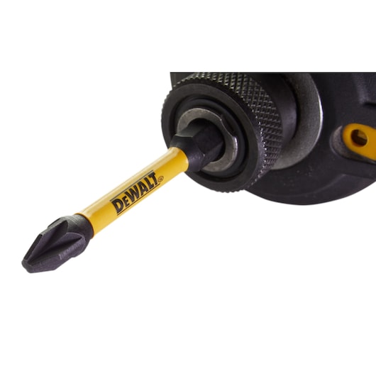 Close up of FlexTorq screwdriver bit Phillips head set in impact driver