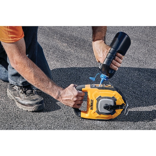 Large fill opening for easy refill of chalk feature of 150 feet Large Capacity Chalk Reel.