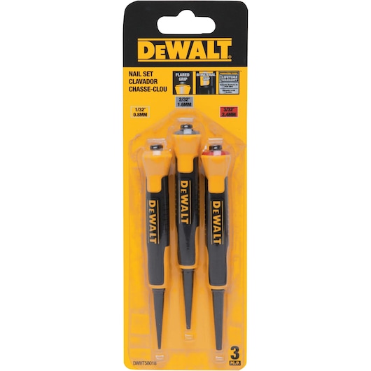 One thirty second two thirty seconds three thirty seconds inch Bi Material Nail Sets in packaging.