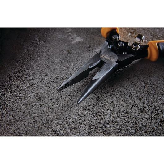 Induction hardened cutting blades feature of Compound Action Long Nose Pliers.