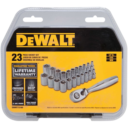 DEWALT 23 piece drive socket set packed in its plastic packaging.