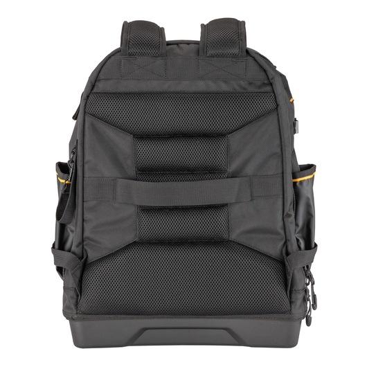 Back view of the Dewalt Pro Backpack stacked on top of the Dewalt rolling tool bag
