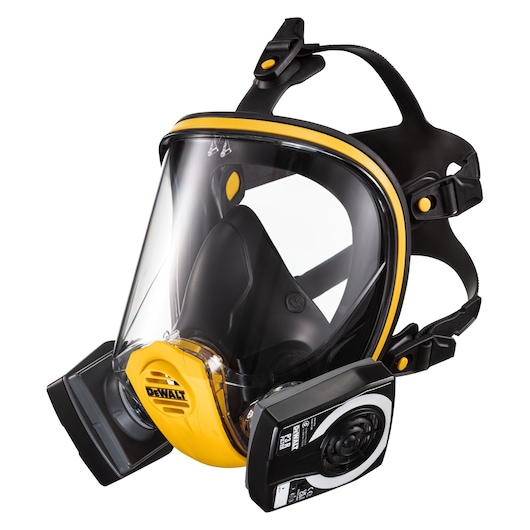 Left front angle of Dewalt Reusable Full Face Mask Respirator with P3 Filters